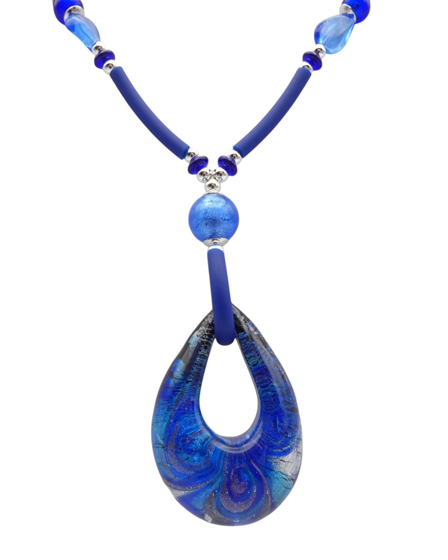 Collana con anima d'acciaio e caucciù con Pendente - Blu con foglia argento - Rossi e Rossi - Bottega Rossi e Rossi