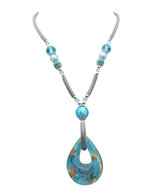 Collana con anima d'acciaio e caucciù con Pendente - Azzurro con avventurina e foglia argento - Rossi e Rossi - Bottega Rossi e Rossi