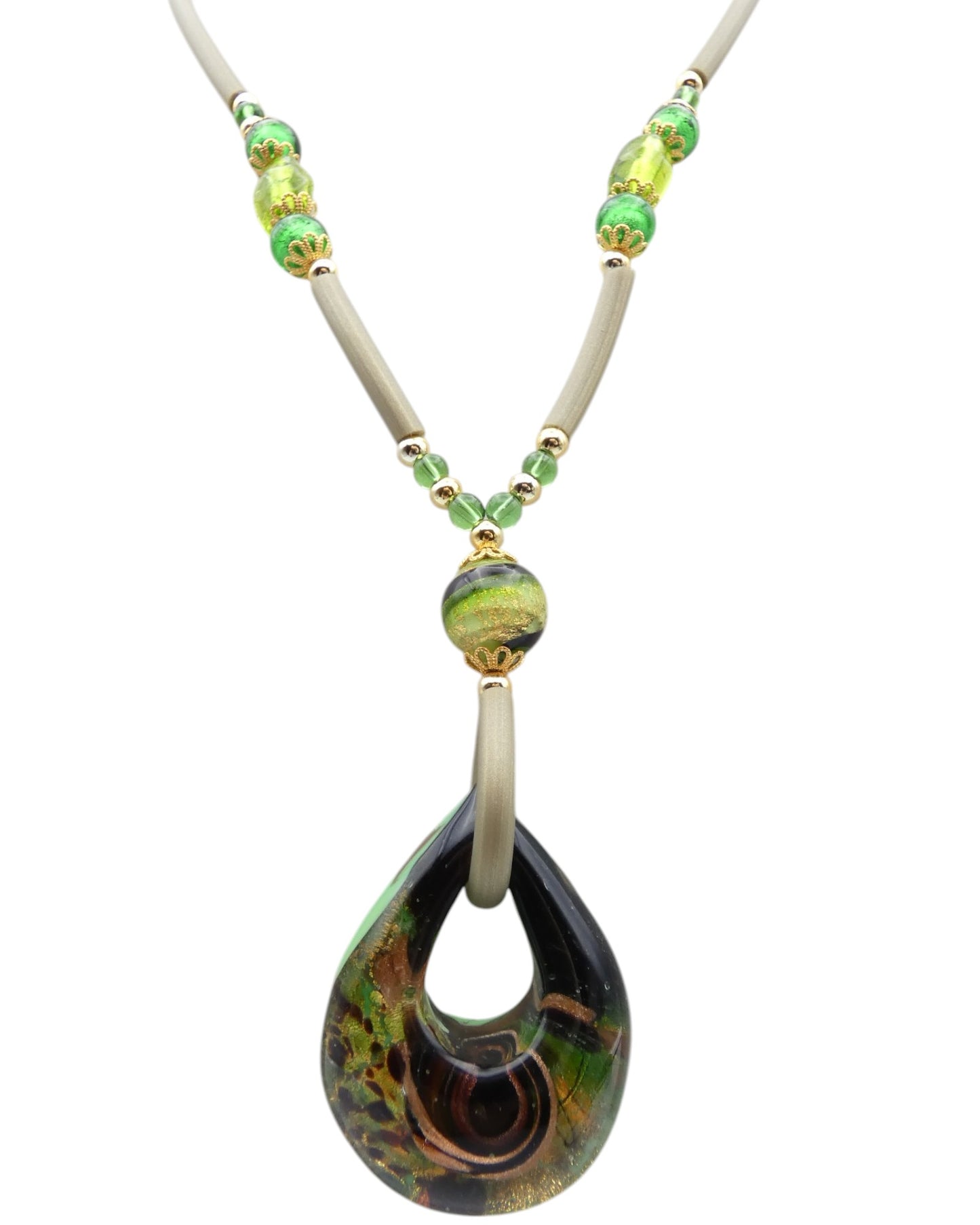 Collana con anima d'acciaio e caucciù con Pendente - Verdi vari e avventurina - Rossi e Rossi - Bottega Rossi e Rossi